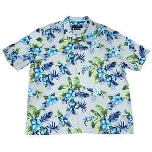 TOMMY BAHAMA 100% SILK BLUE & GREEN FLORAL SHORT SLEEVED ORIGINAL FIT CAMP SHIRT